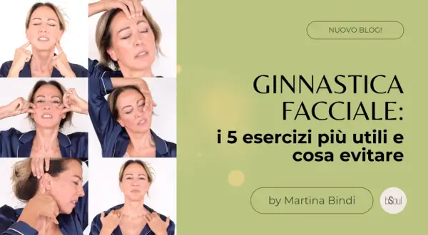 Collage di esercizi di yoga facciale, con testo che indica "i 5 esercizi più utili e cosa evitare", suggerendo le yoga facciale controindicazioni.