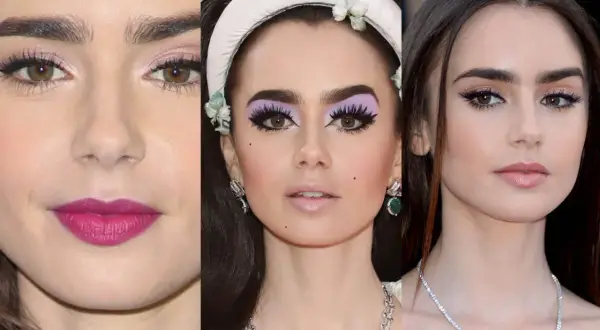 Lily Collins con makeup che esalta l'armocromia inverno profondo: labbra fucsia, ombretto lilla e eyeliner viola.