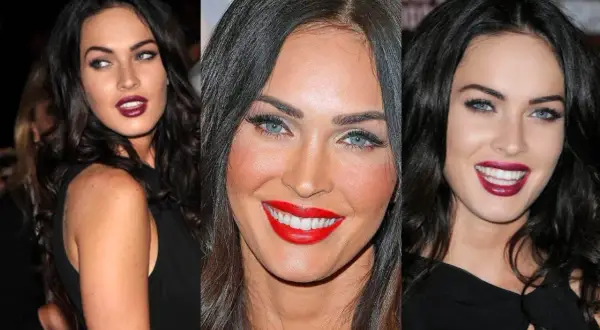 Megan Fox con labbra rosse e blu elettrico, un vero inverno assoluto palette.