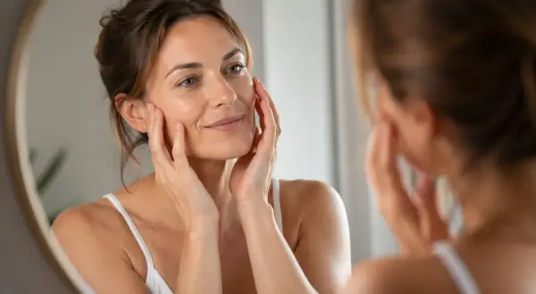 Donna si tocca il viso, ammirando i risultati del botox mento prima e dopo. Pelle liscia e luminosa.