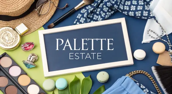 Palette estate: un'armocromia di accessori estivi, tra cui cappello di paglia, palette makeup, macarons e borsa blu.