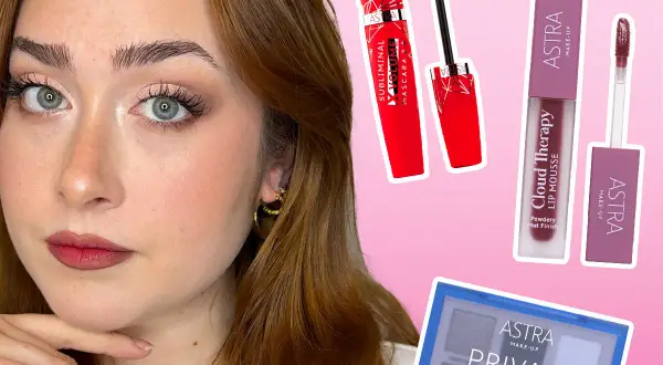 Ragazza con trucco per capodanno: mascara rosso, rossetto opaco e palette occhi Astra.