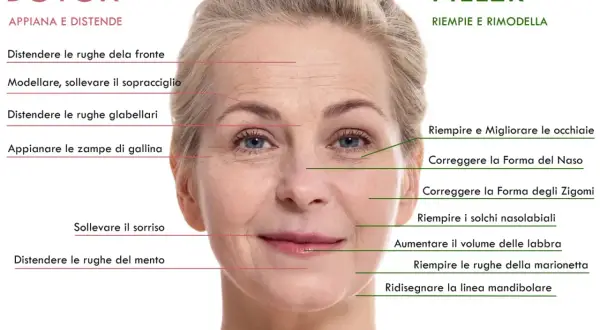 Volto di donna con indicazioni su dove fare botox per distendere rughe fronte, sopracciglia, zampe di gallina e mento.