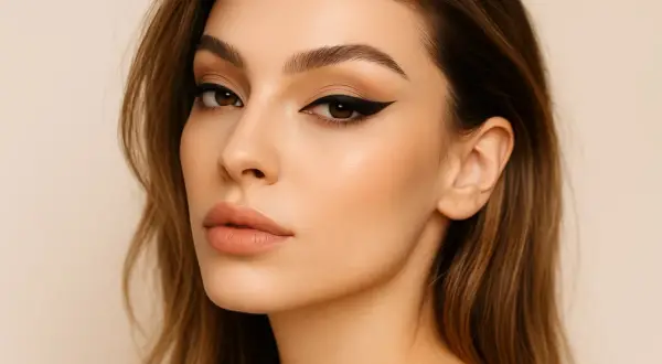 Occhi da sirena con eyeliner grafico e labbra nude.