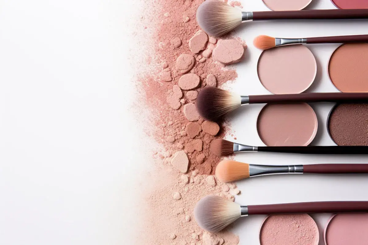 Pennelli da trucco e ciprie in una delicata **primavera soft palette** su sfondo bianco.