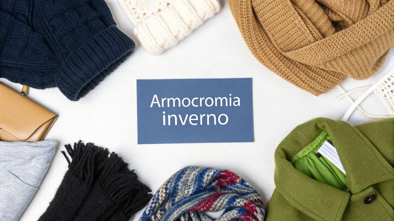 Abbigliamento invernale con una palette luminosa: cappello, sciarpe, borsa e giacca in tonalità che evocano la stagione fredda.