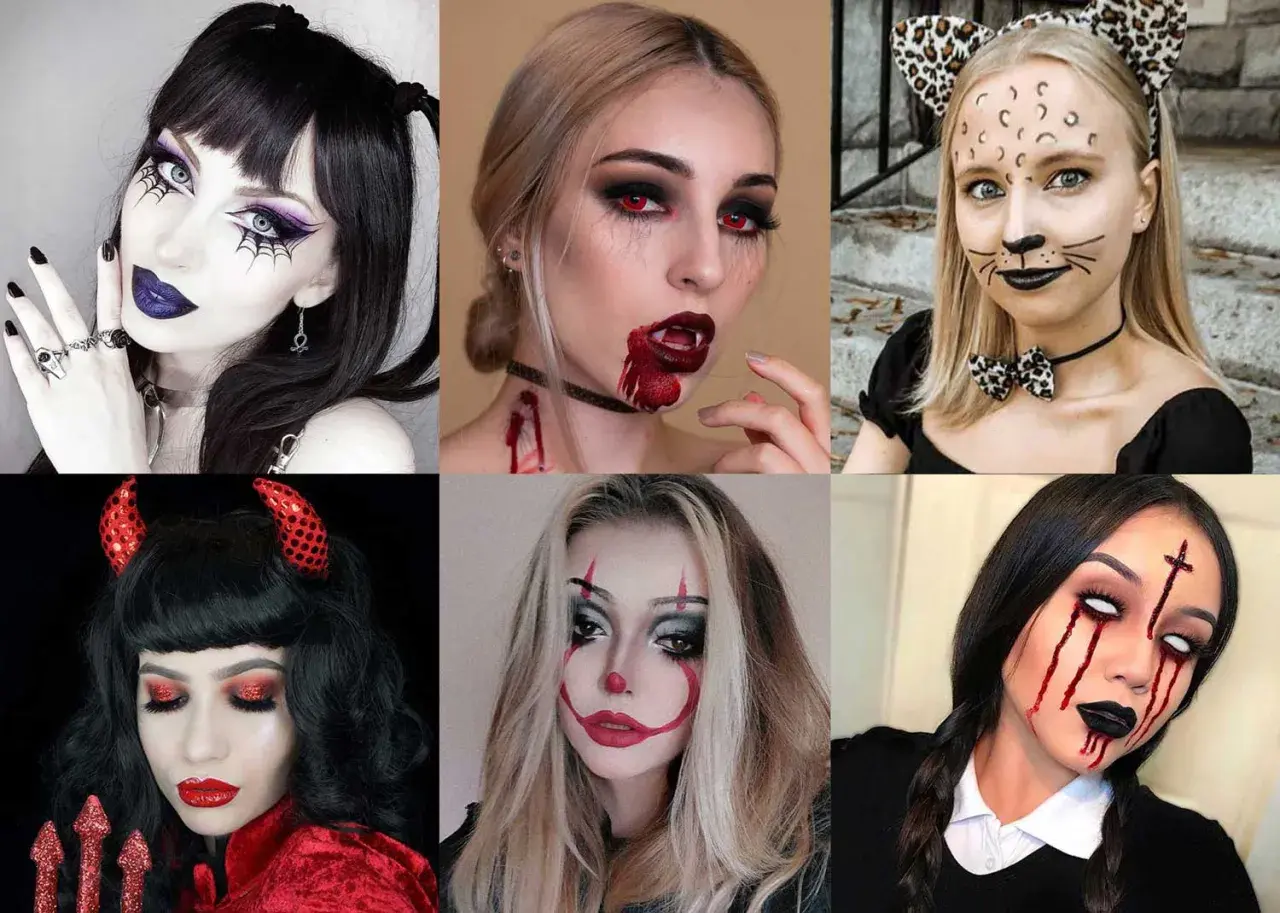Sei donne con diversi tipi di trucco Halloween: vampiro, diavoletta, gatta, clown e altre creazioni spaventose.