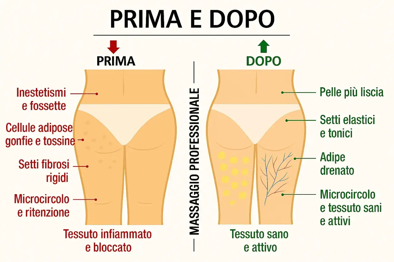Prima e dopo massaggio: la cellulite con buchi e tessuti bloccati diventa pelle liscia, con adipe drenato e microcircolo attivo.