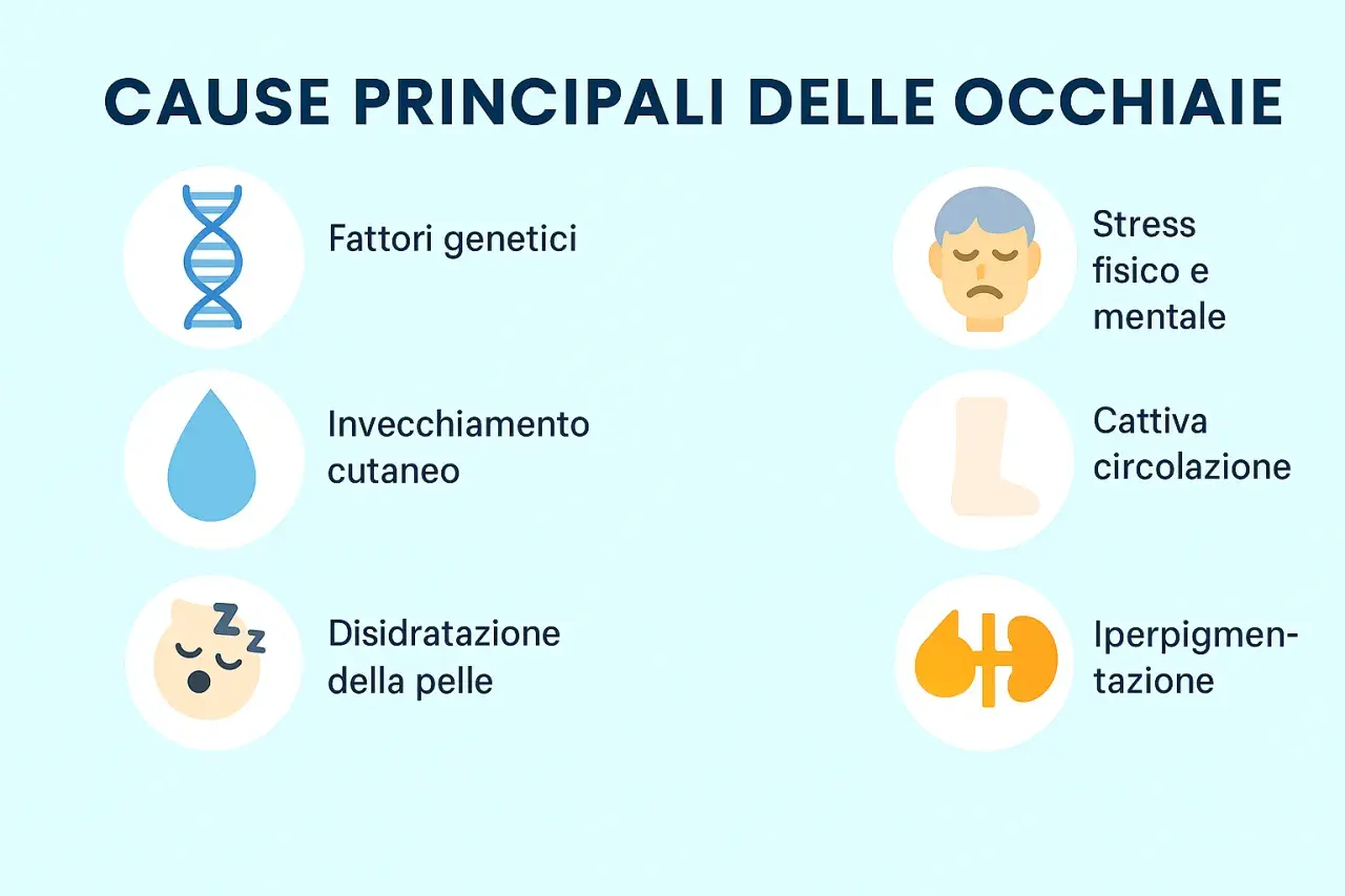 Le cause delle occhiaie includono fattori genetici, invecchiamento, disidratazione, stress fisico e mentale, cattiva circolazione e iperpigmentazione.