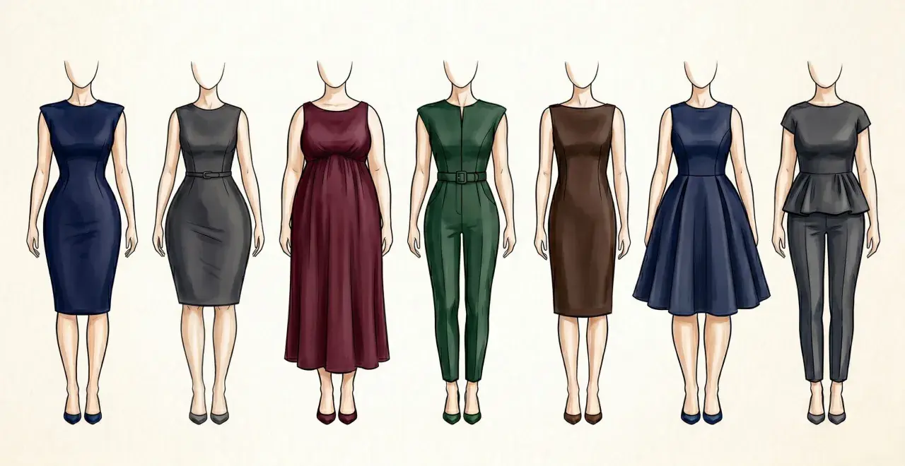 Illustrazione di diverse tipologie di fisico femminile, ognuna con un outfit distinto.