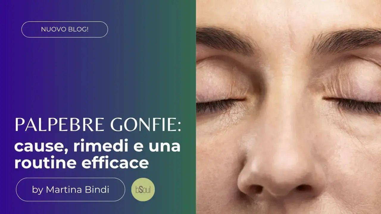 Occhio chiuso con palpebre gonfie, rughe sottili e ciglia scure. Il testo parla di cause e rimedi per le palpebre gonfie.
