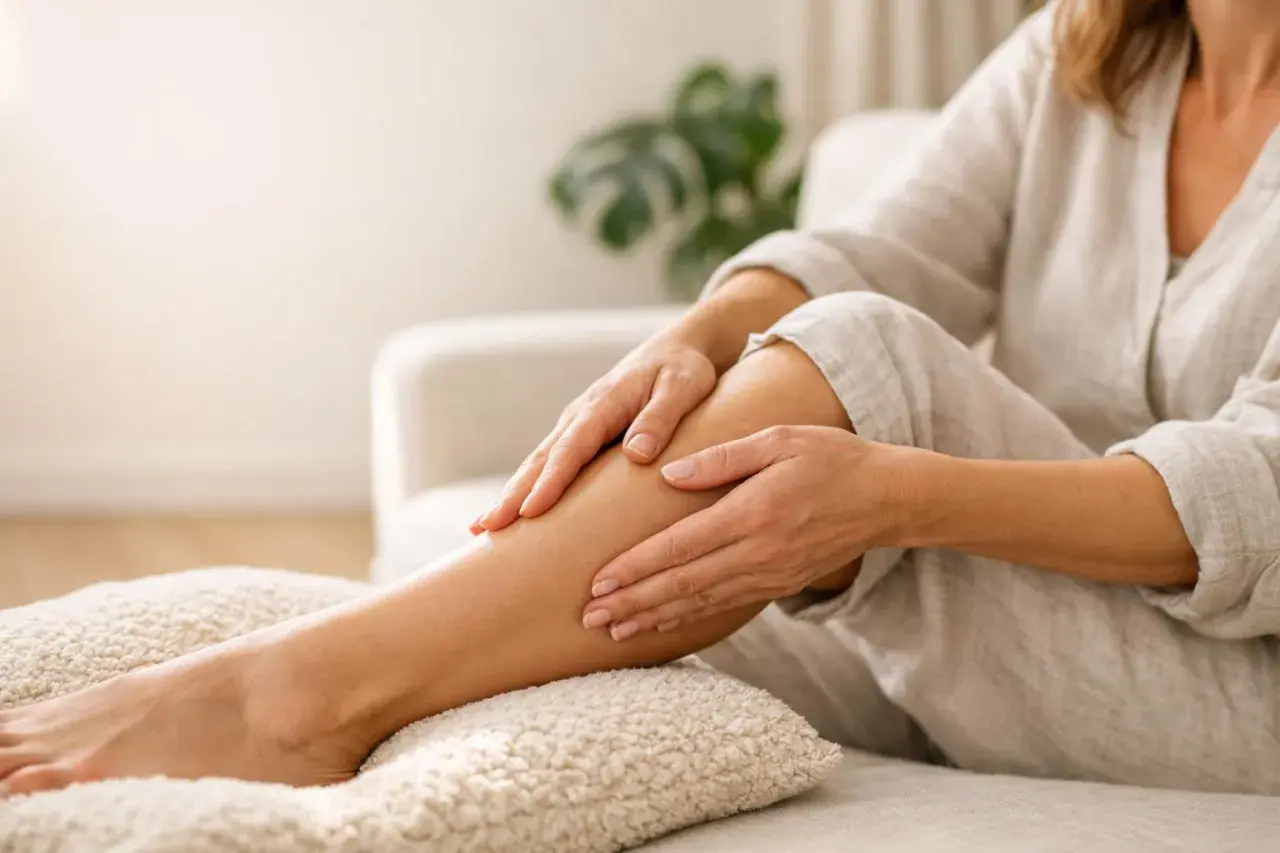 Donna si massaggia le gambe, cercando sollievo dalla ritenzione idrica.