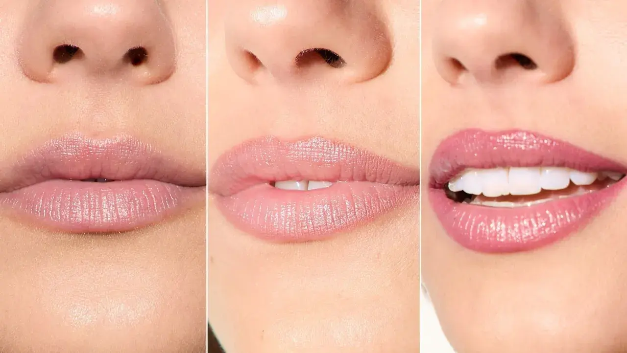 Tre primi piani di labbra con diversi tipi di bocca e rossetti: nude, rosa tenue e rosa brillante.