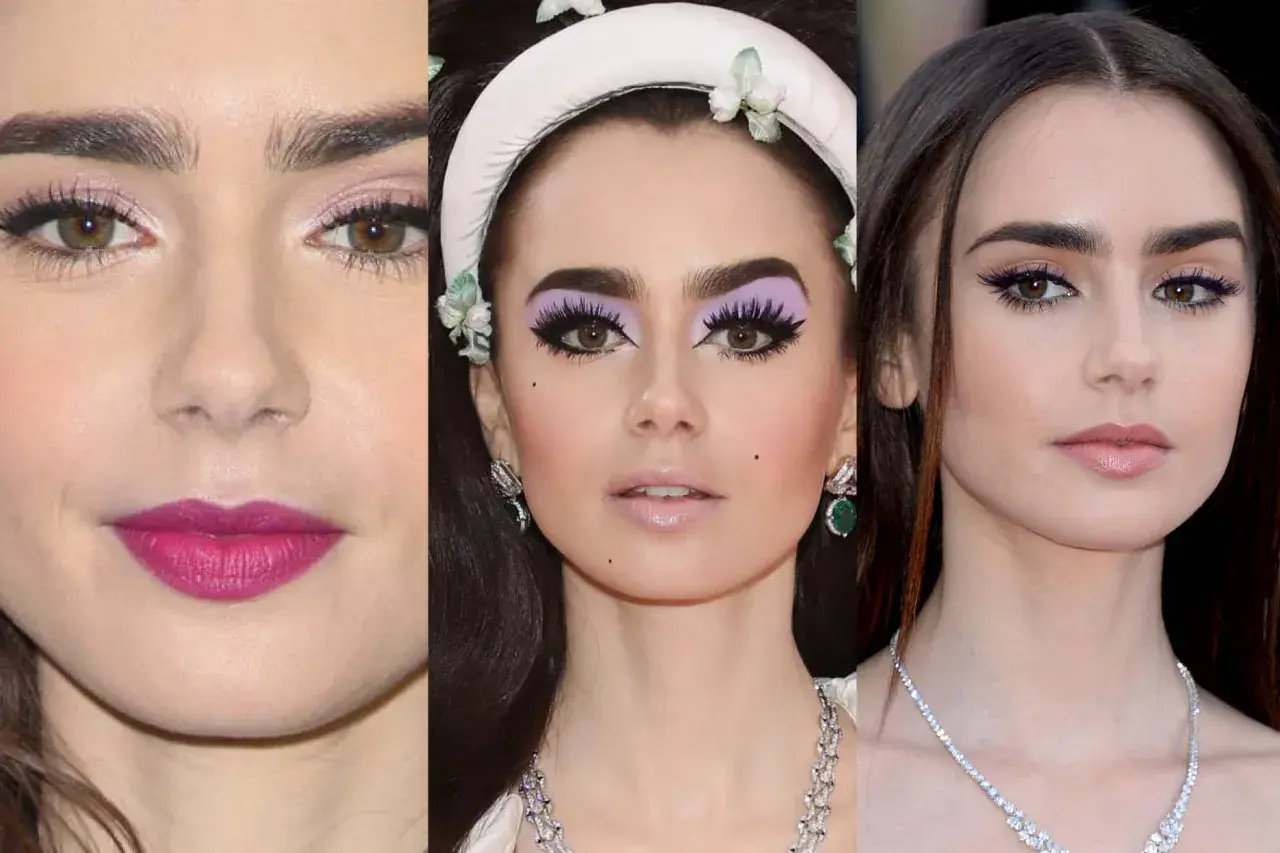 Lily Collins con makeup che esalta l'armocromia inverno profondo: labbra fucsia, ombretto lilla e eyeliner viola.