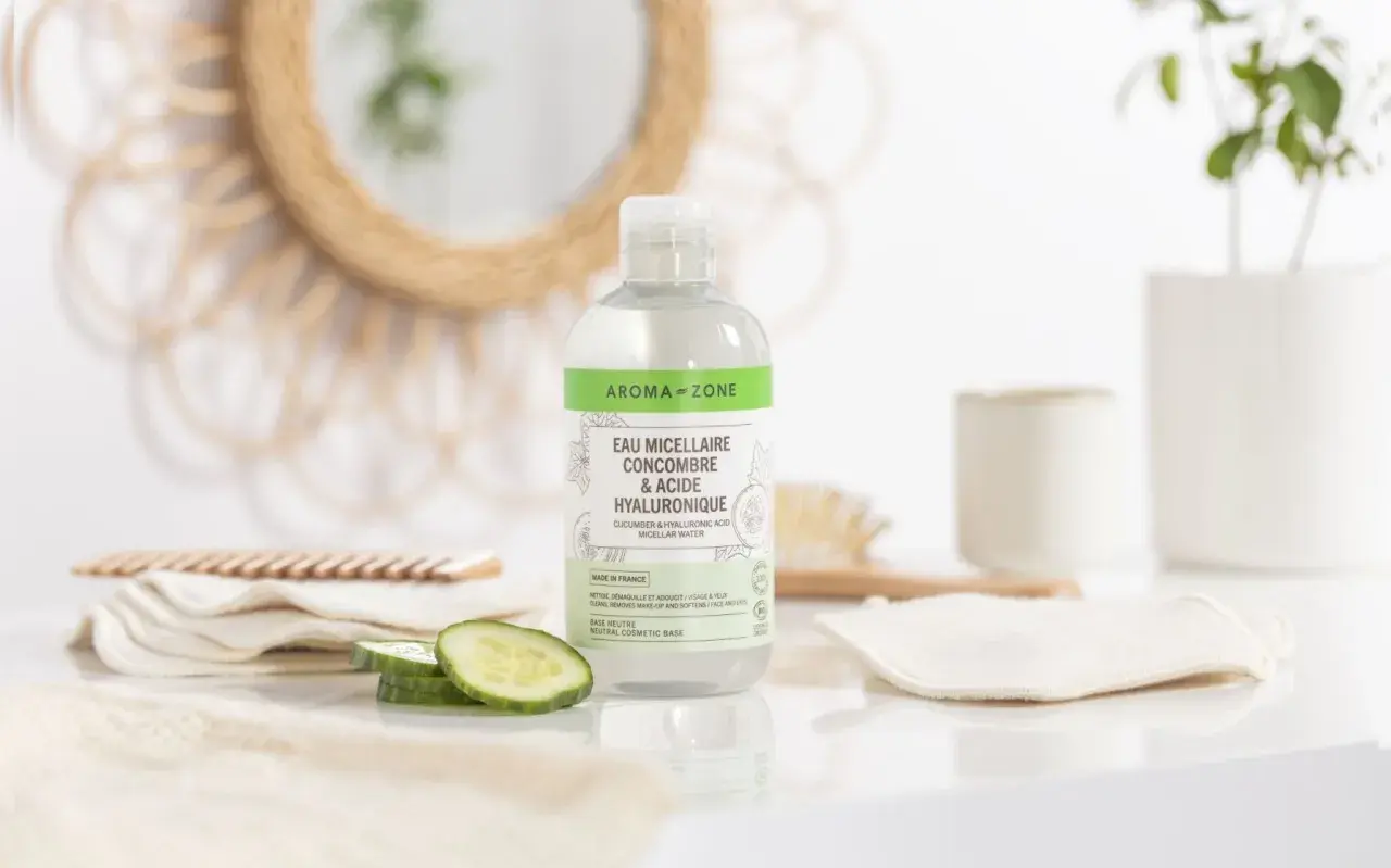 Acqua micellare Aroma-Zone con cetriolo e acido ialuronico: perfetta per detergere, struccare e ammorbidire viso e occhi.
