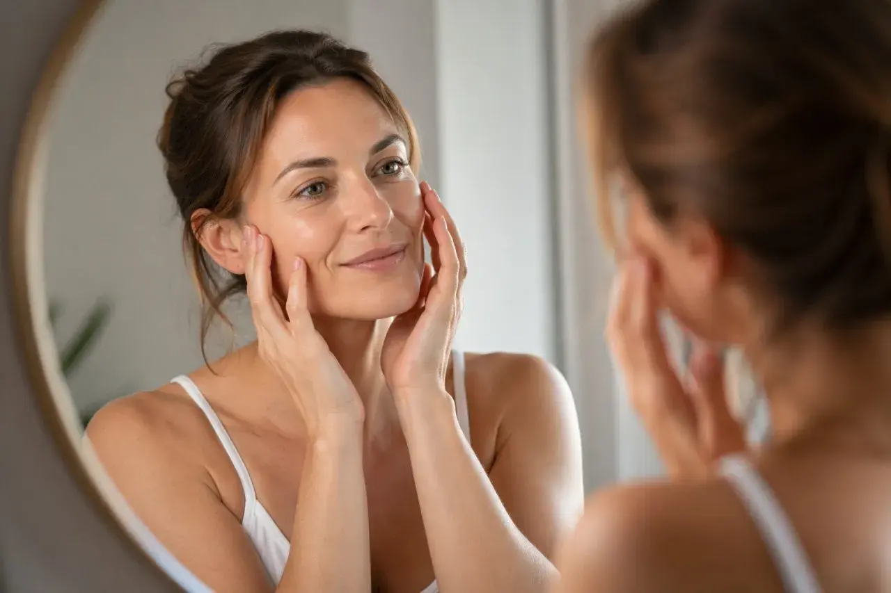 Donna si tocca il viso, ammirando i risultati del botox mento prima e dopo. Pelle liscia e luminosa.