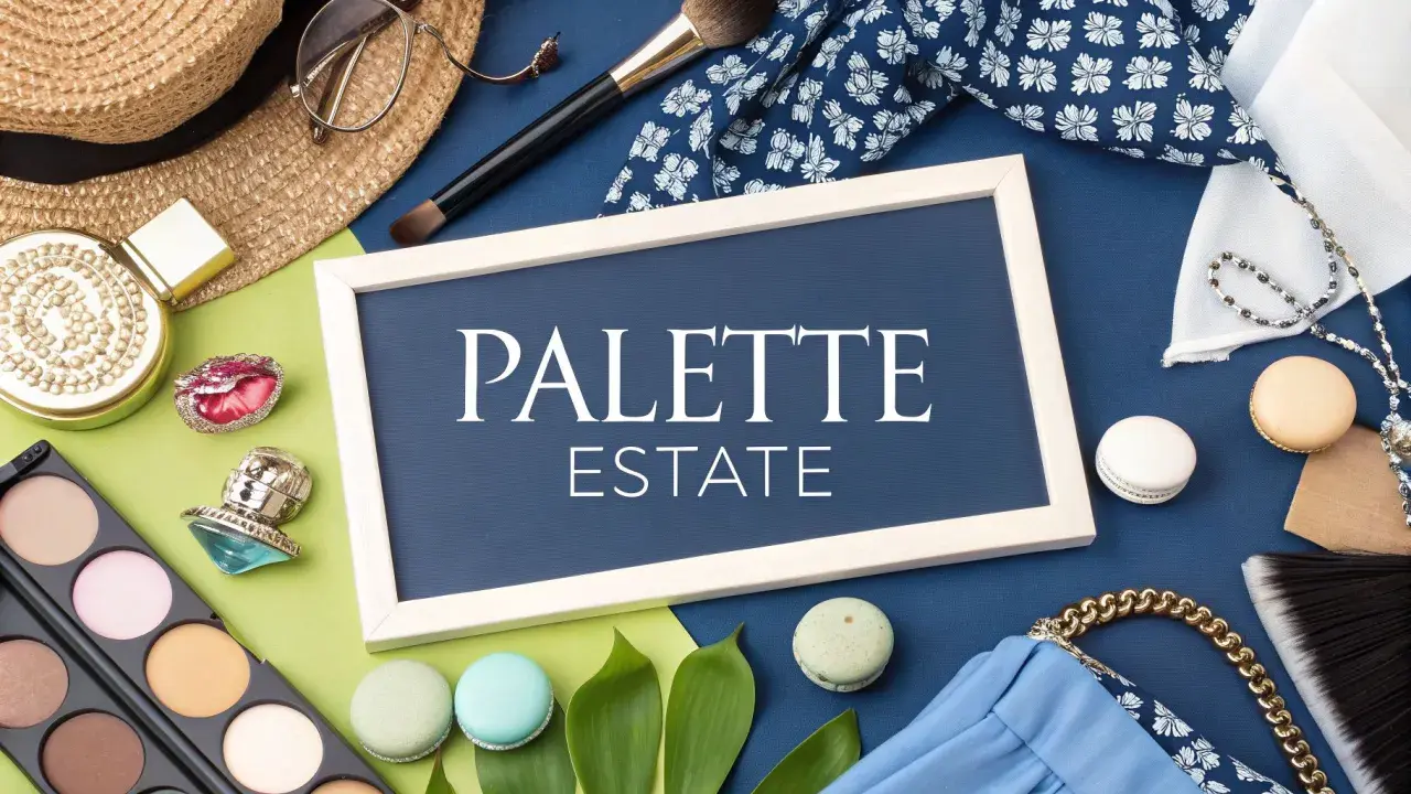 Palette estate: un'armocromia di accessori estivi, tra cui cappello di paglia, palette makeup, macarons e borsa blu.