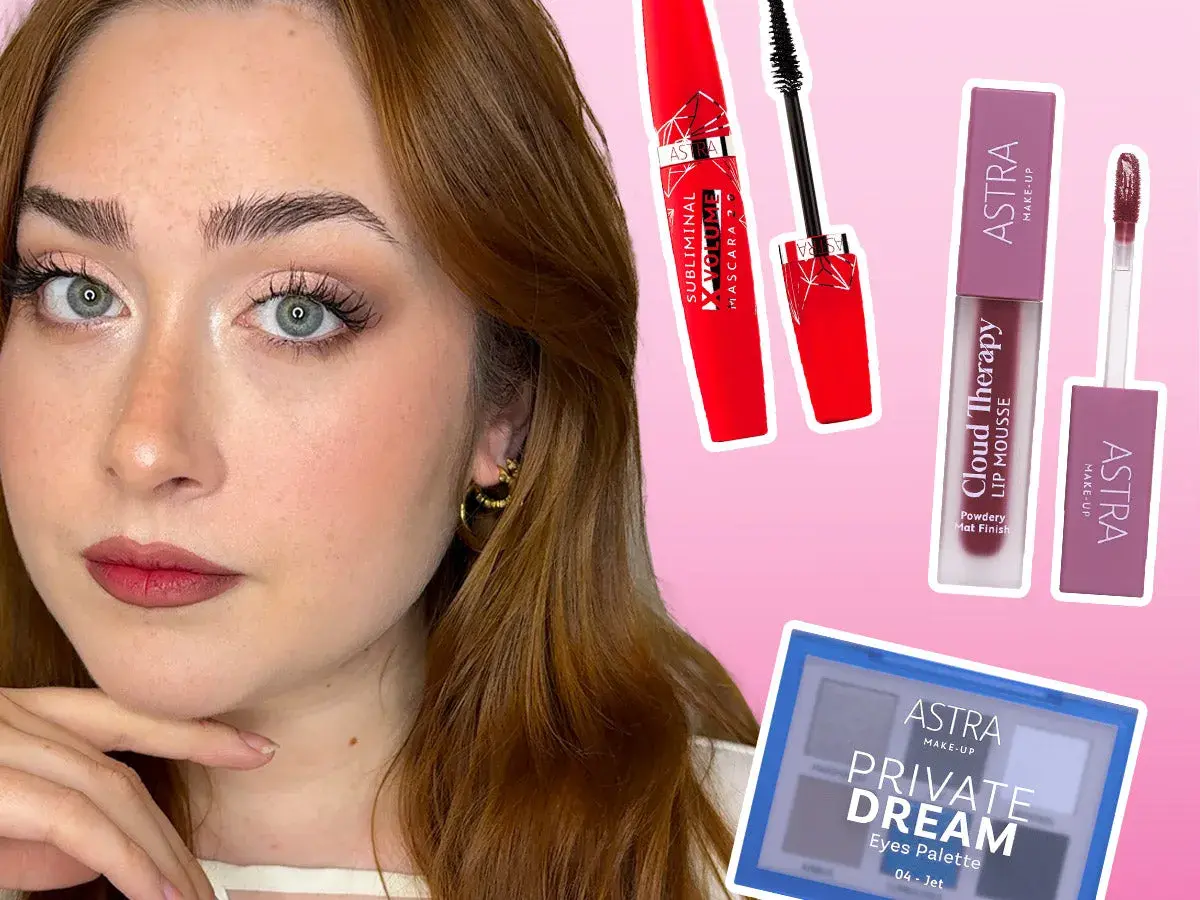 Ragazza con trucco per capodanno: mascara rosso, rossetto opaco e palette occhi Astra.