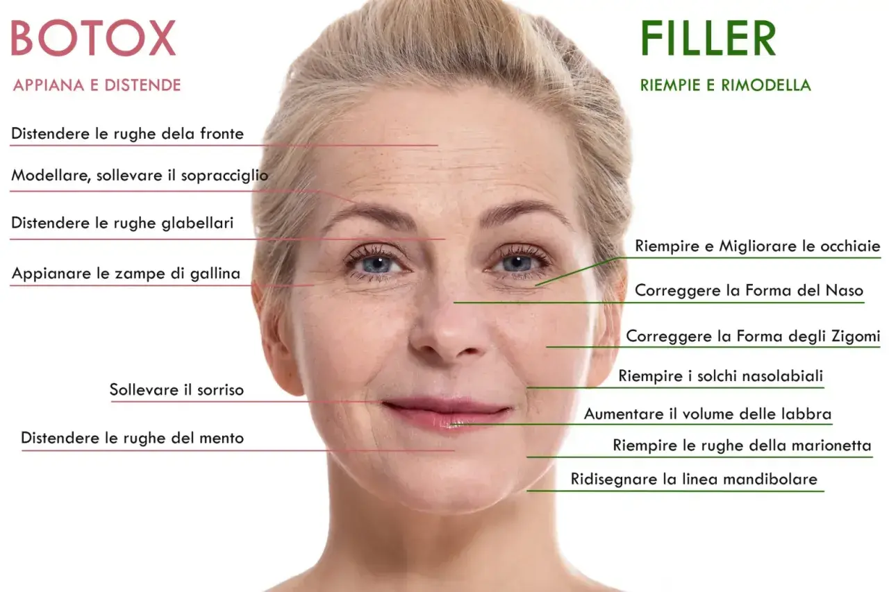 Volto di donna con indicazioni su dove fare botox per distendere rughe fronte, sopracciglia, zampe di gallina e mento.