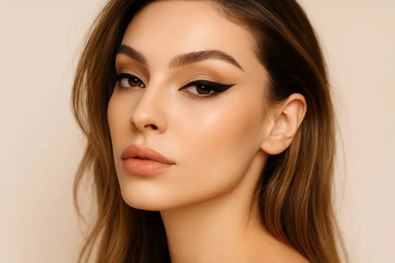 Occhi da sirena con eyeliner grafico e labbra nude.