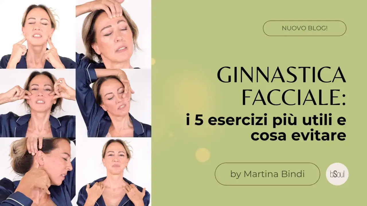 Collage di esercizi di yoga facciale, con testo che indica "i 5 esercizi più utili e cosa evitare", suggerendo le yoga facciale controindicazioni.