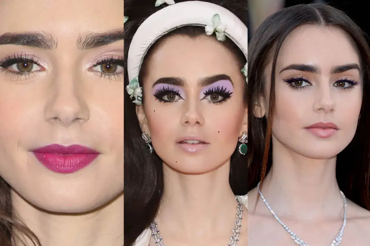 Tre look di Lily Collins: labbra fucsia, occhi viola audaci e eyeliner viola. Un trucco winter deep che ispira.