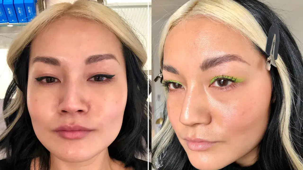 Prima e dopo: ciglia e sopracciglia perfette grazie alla laminazione. Sguardo intenso con eyeliner verde neon.