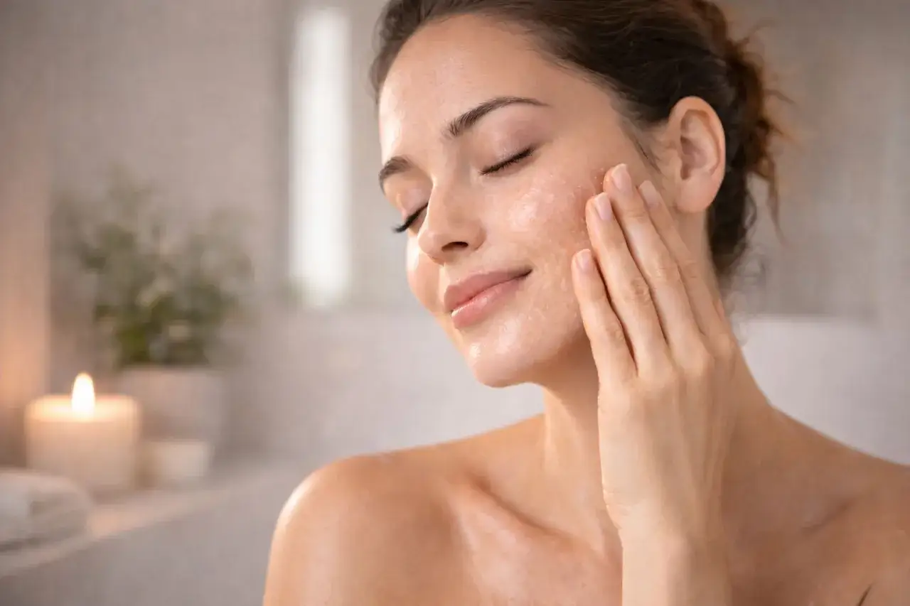 Donna con gli occhi chiusi applica uno scrub viso, scoprendo la sua pelle luminosa. Lo scrub viso serve a rinnovare la pelle.