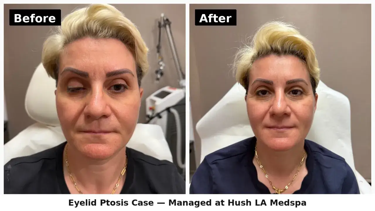 Prima e dopo: trattamento per palpebre cadenti con filler. Lo sguardo è più aperto e riposato.