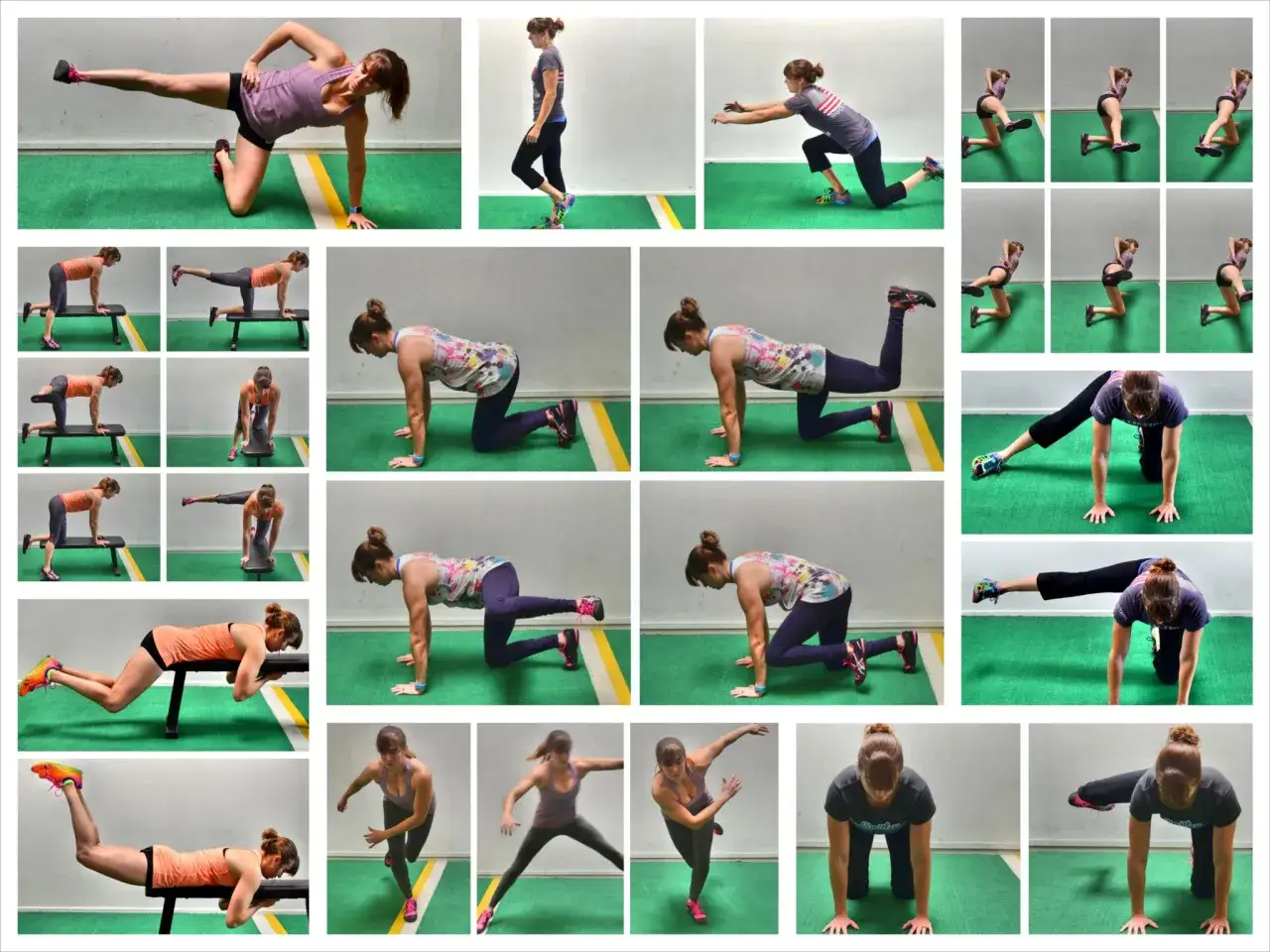 Allenamento per un forma sedere perfetto: esercizi di tonificazione glutei e gambe con diverse posizioni e attrezzi.