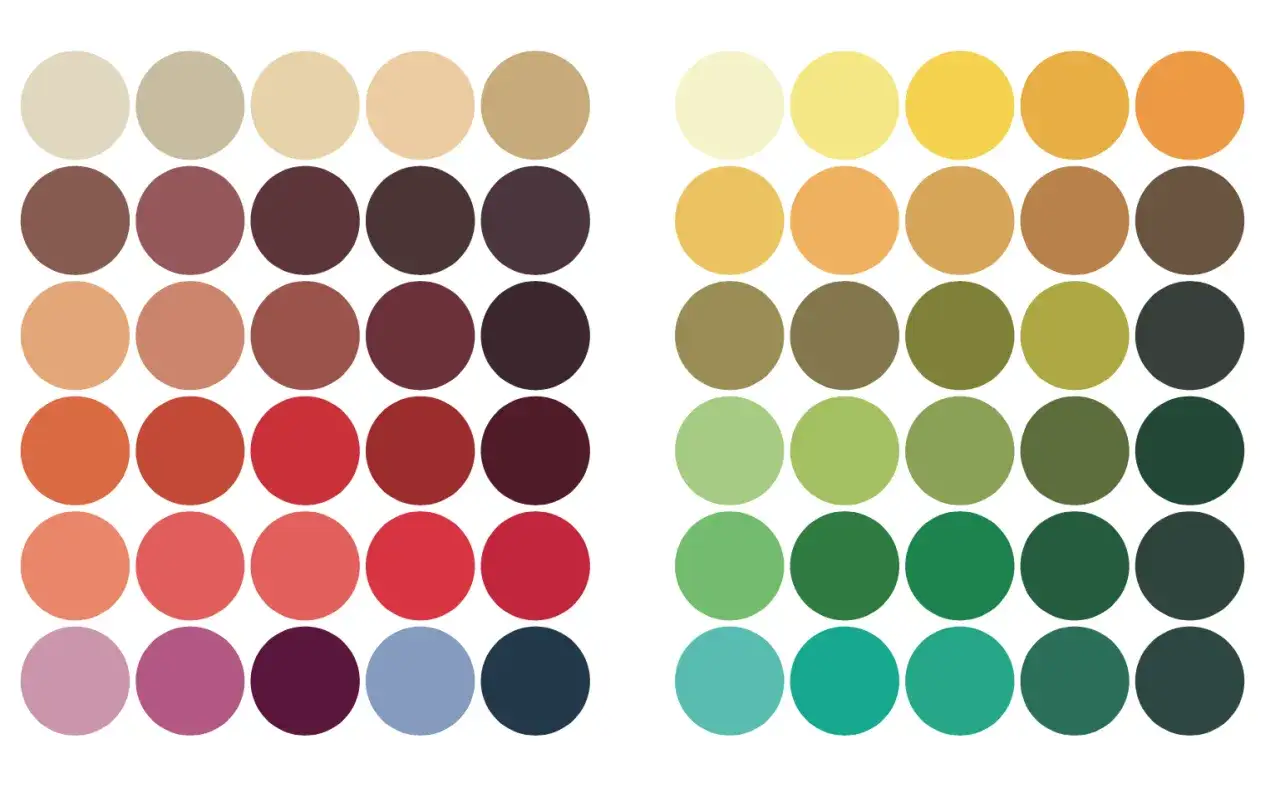Palette di colori che evocano la stagione autunno armocromia: tonalit&agrave; calde e terrose, dal marrone al rosso ruggine, e verdi intensi.