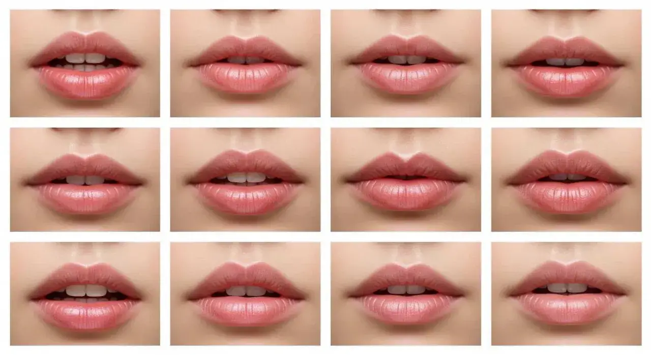 Dodici immagini ravvicinate di labbra femminili, che mostrano diversi tipi di bocca e sfumature di rossetto.