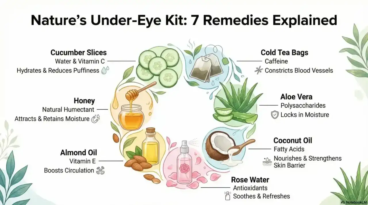 Rimedi naturali per dire addio alle occhiaie: cetriolo, miele, t&egrave; freddo, aloe, olio di mandorle, cocco e acqua di rose.