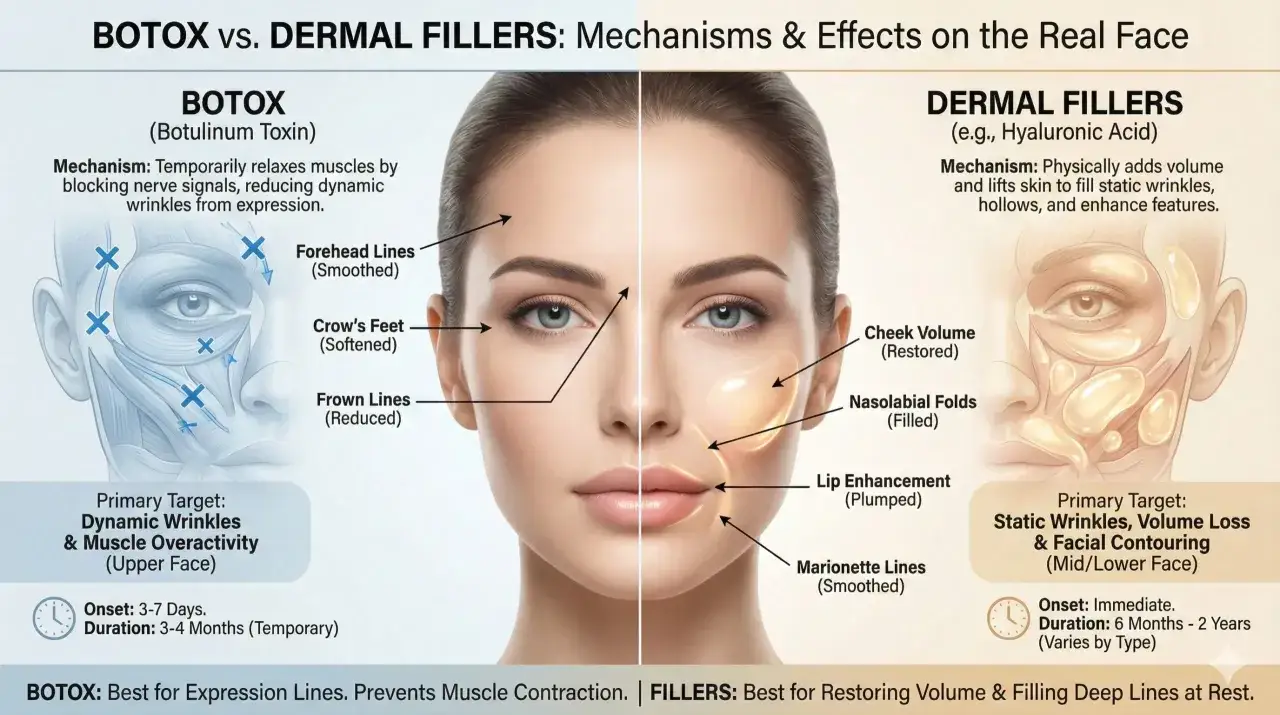 Confronto tra Botox e Filler: il Botox rilassa i muscoli per le rughe d'espressione, i filler ripristinano volume e riempiono le rughe statiche.
