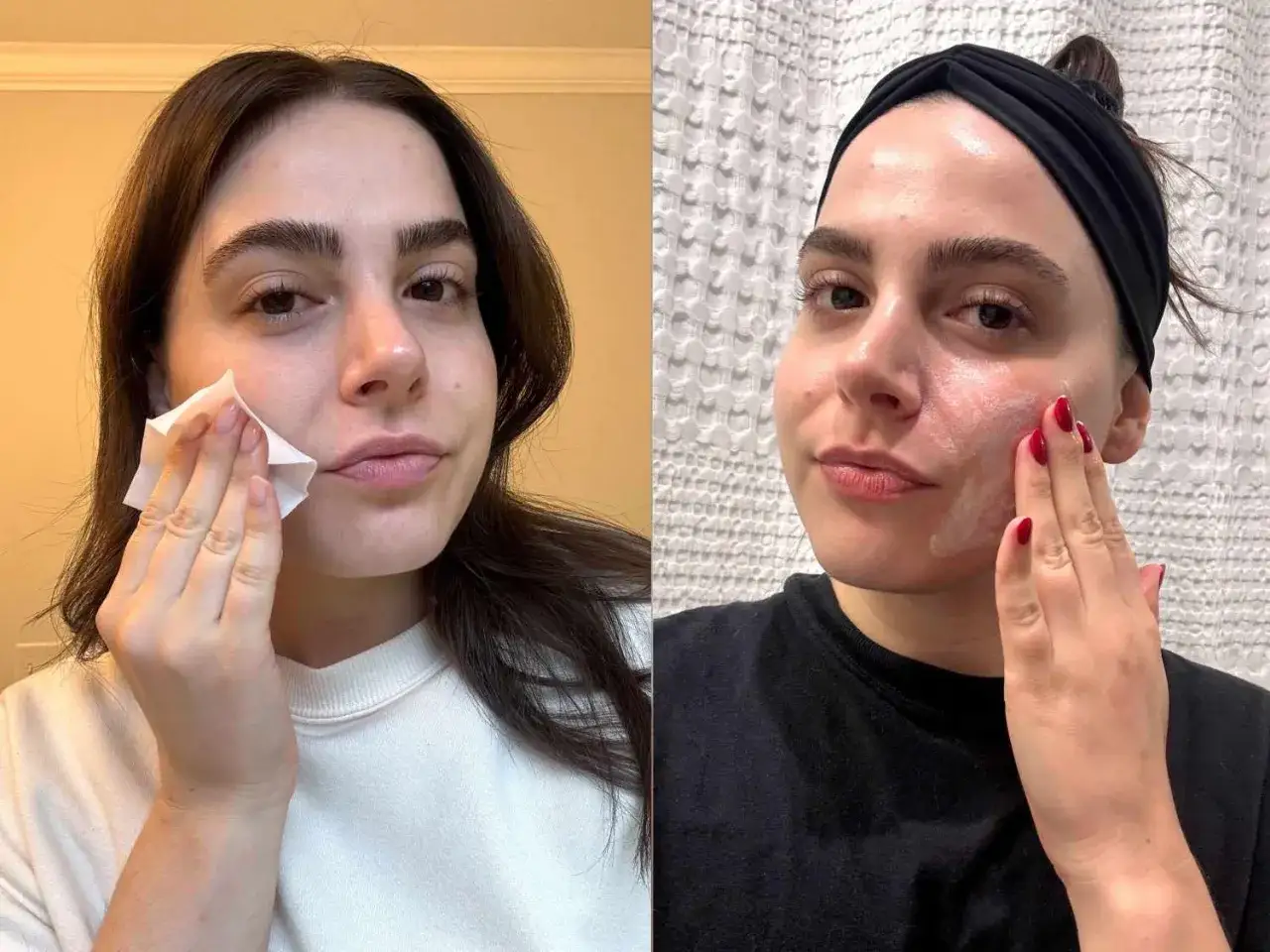 Ragazza si strucca e poi applica una crema, combattendo i punti neri con una routine di bellezza.