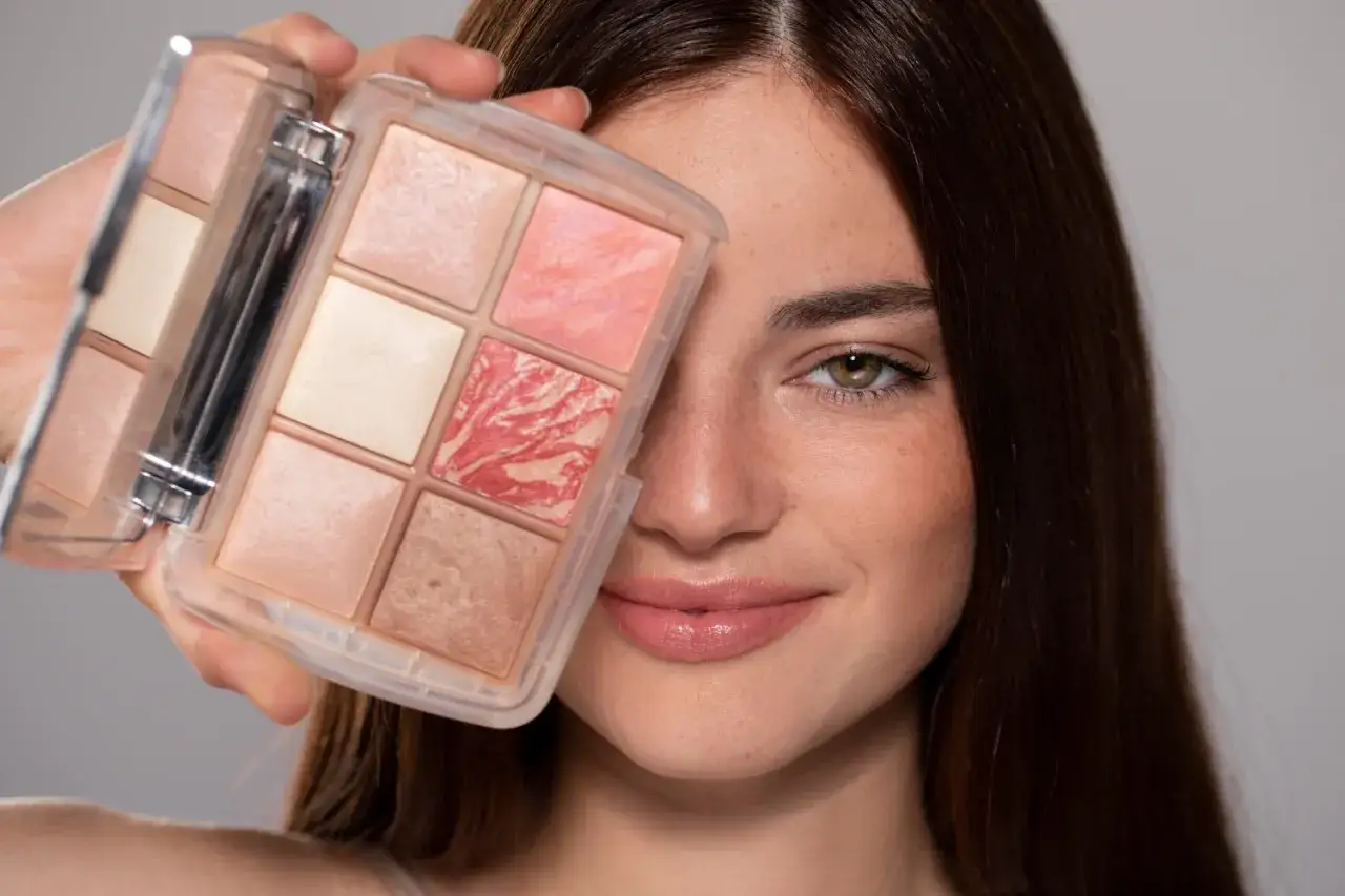 Una donna sorride mostrando una palette di make up nude con tonalità rosate e bronzo.