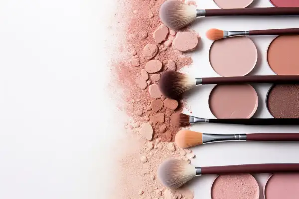 Pennelli da trucco e ciprie in una delicata **primavera soft palette** su sfondo bianco.
