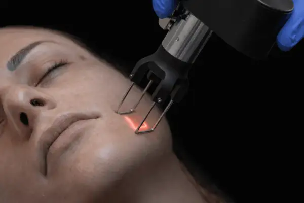 Trattamento viso con laser per ridurre le rughe. Un manipolo emette un fascio luminoso sulla pelle.