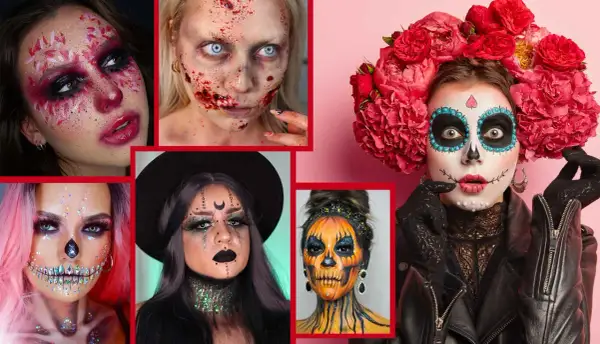 Collage di look per un trucco occhi Halloween semplice e d'effetto: da scheletro a teschio messicano, passando per zombie e strega.