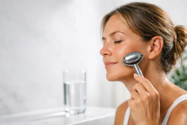 Donna usa un rullo facciale freddo per alleviare la borsa malare, un rimedio naturale per un viso riposato.