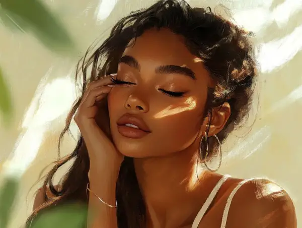 Un volto femminile con make up naturale e luminoso, illuminato da raggi di sole che creano un gioco di luci e ombre sulla pelle.