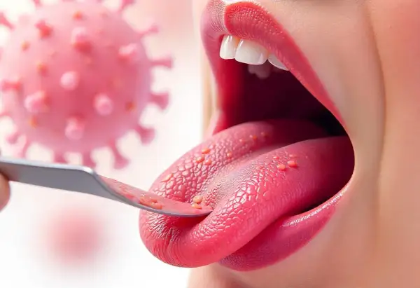 Lingua con vescicole rosse, esaminata da uno strumento, con un virus rosa sullo sfondo. La boccarola è contagiosa.