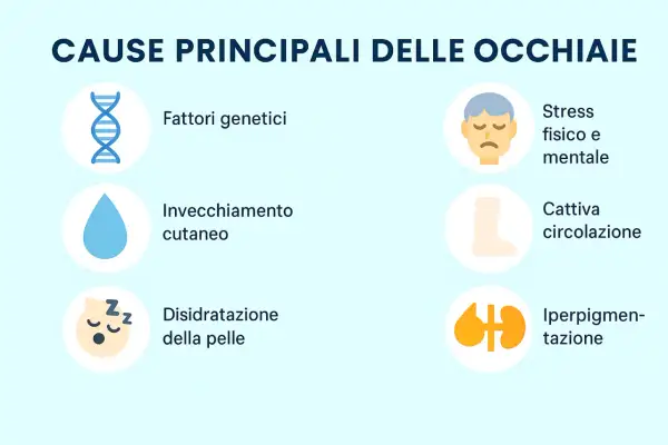 Le cause delle occhiaie includono fattori genetici, invecchiamento, disidratazione, stress fisico e mentale, cattiva circolazione e iperpigmentazione.