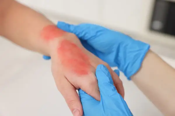 Mano con ustione rossa e infiammata, assistita da mani con guanti blu. Impara cosa fare in caso di ustione.