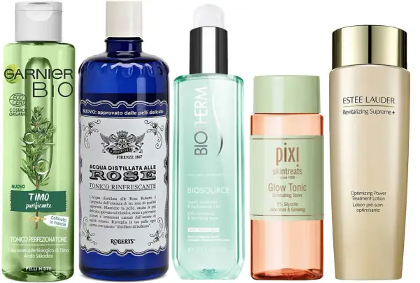 Cinque flaconi di tonici viso: Garnier Bio, Roberts Acqua Distillata alle Rose, Biotherm Biosource, Pixi Glow Tonic e Estée Lauder. Ricorda che il tonico va risciacquato.