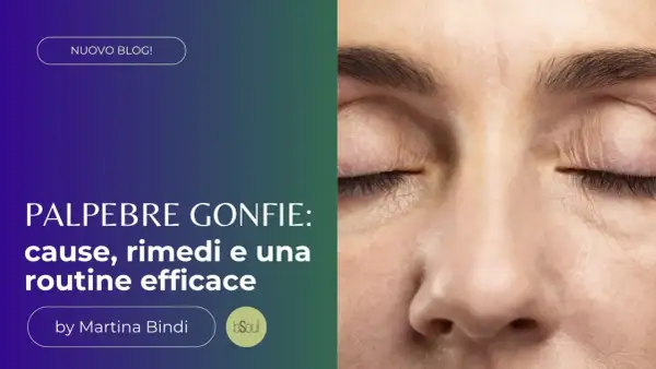Occhio chiuso con palpebre gonfie, rughe sottili e ciglia scure. Il testo parla di cause e rimedi per le palpebre gonfie.