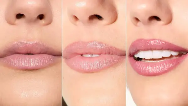Tre primi piani di labbra con diversi tipi di bocca e rossetti: nude, rosa tenue e rosa brillante.