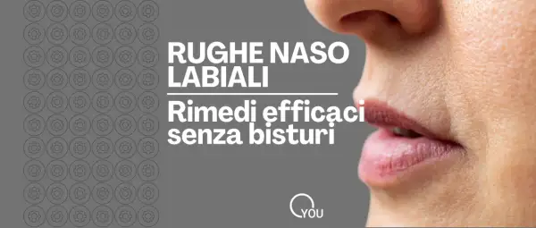 Primo piano di labbra e naso con rughe nasogeniene. Testo: "Rughe naso labiali: rimedi efficaci senza bisturi".