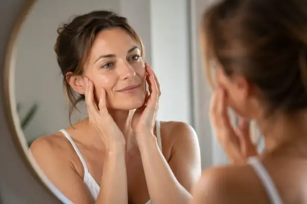 Donna si tocca il viso, ammirando i risultati del botox mento prima e dopo. Pelle liscia e luminosa.
