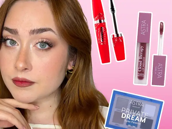 Ragazza con trucco per capodanno: mascara rosso, rossetto opaco e palette occhi Astra.